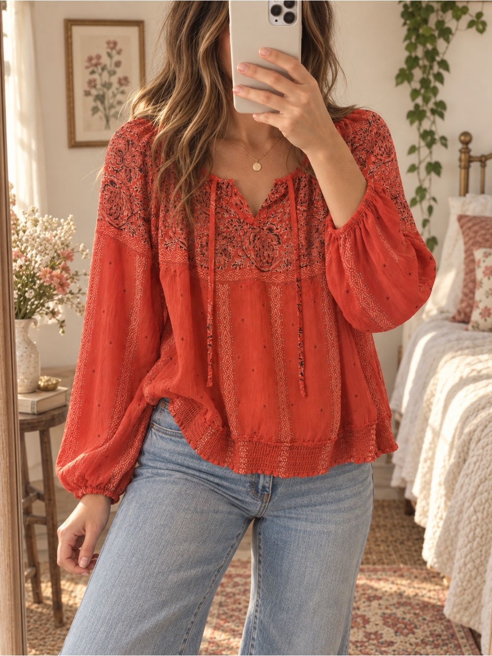 Embroidered Peasant Blouse - Red
